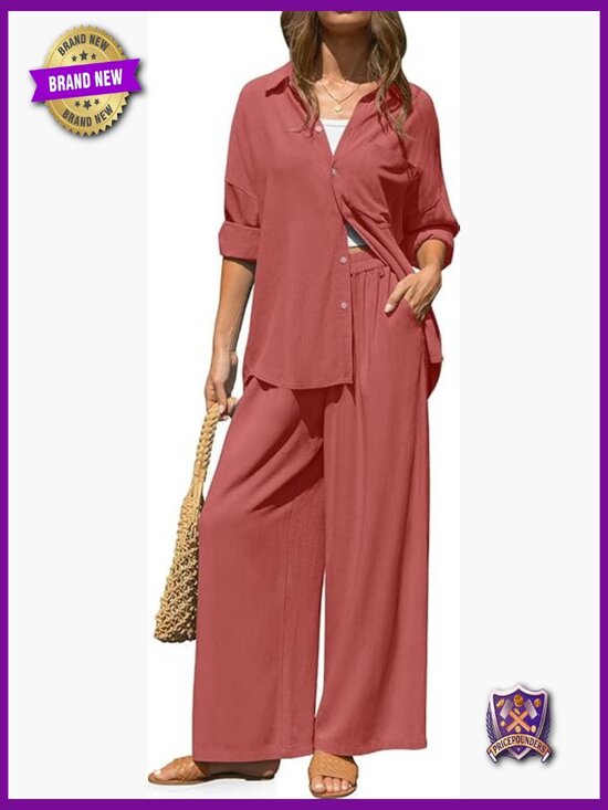 Pants - Women's Linen 2 Piece Lounge Set, Button Down & Wide Leg Pants